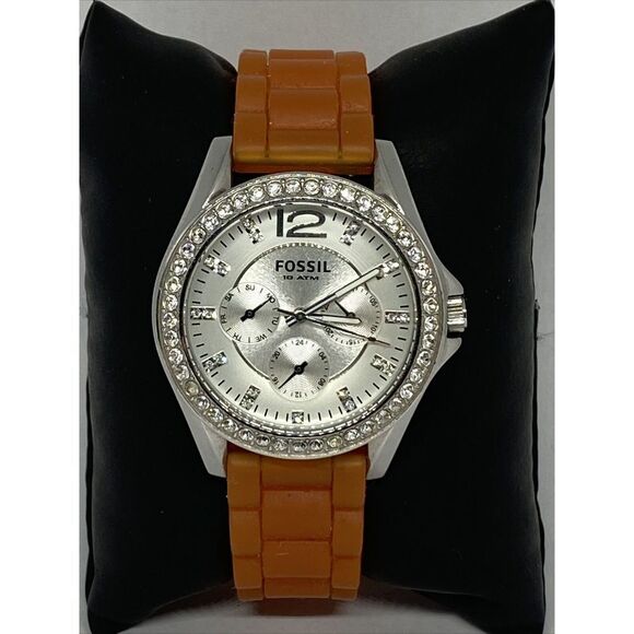 Fossil ES3202 Women Orange Rubber Analog Silver Dial Quartz Genuine Watch HK1018 - Picture 3 of 12